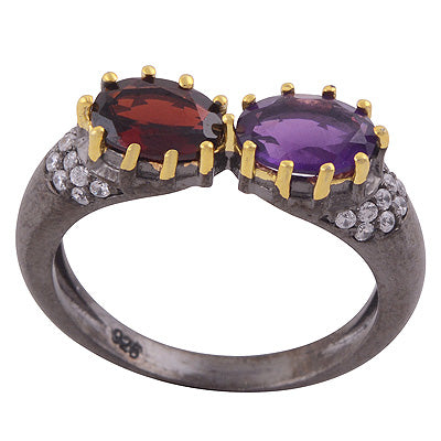 Alluring Seated Multiple Gemstones Multicoloured Plating Garnet,Amethyst,White Topaz Oval,Round Shape 925 Sterling Solid Silver Ring - R1088-3
