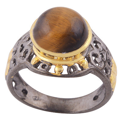 Alluring Multicolour Plated Collet Tiger's Eye Round Shape 925 Sterling Solid Silver Ring - R1089-3
