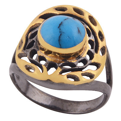 Gorgeous Multicolour Plated Collet Design Turquoise Round Shape 925 Sterling Solid Silver Ring - R1089-6