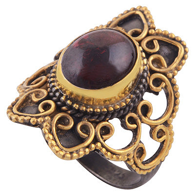 Alluring Rawa Work Pattern Around Multicolour Plated Garnet Oval Shape 925 Sterling Solid Silver Ring - R1090-4