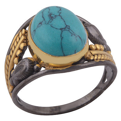 Alluring Rawa & Wire Work Around Multicolour Plated Turquoise Oval Shape 925 Sterling Solid Silver Ring - R1090-6