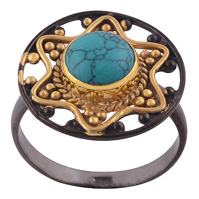 Alluring Star Rawa Work Around Multicolour Plated Turquoise Round Shape 925 Sterling Solid Silver Ring - R1090-7