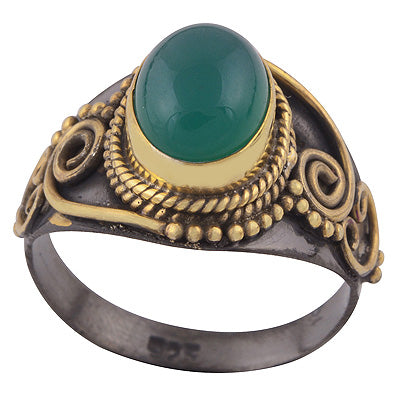 Gorgeous Handwork Around Multicolour Plated Green Onyx Oval Shape 925 Sterling Solid Silver Ring - R1091-1