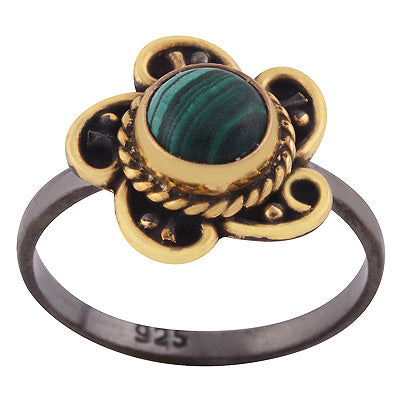 Gorgeous Twisted Wire Work Around Multicolour Plated Malachite Round Shape 925 Sterling Solid Silver Ring - R1091-13