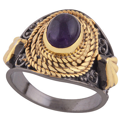 Beautiful Handwork Around Multicolour Plated Amethyst Oval Shape 925 Sterling Solid Silver Ring - R1091-2