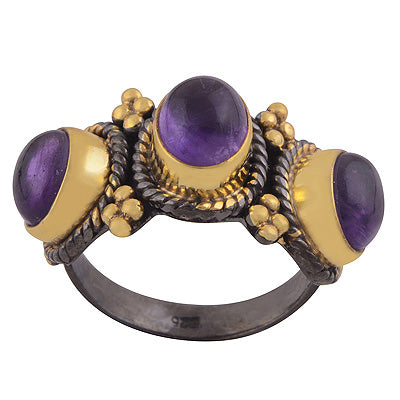 Alluring Rawa Work Pattern Around Multicolour Plated Amethyst Oval Shape 925 Sterling Solid Silver Ring - R1091-3