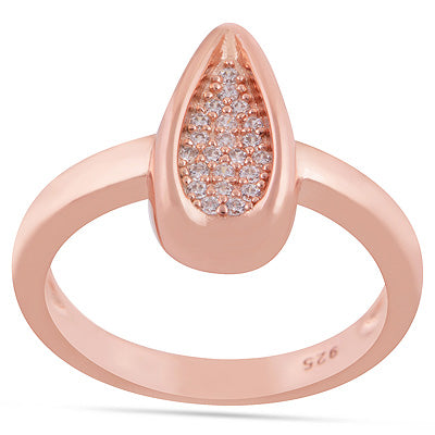 Gorgeous Design Rose Gold Plated Studded Drop White Cubic Zirconia Round Shape 925 Sterling Solid Silver Rings - R1094-2
