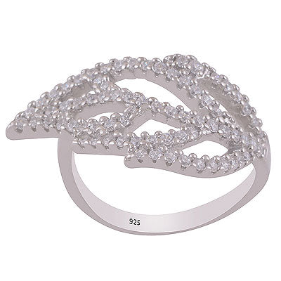 Beautiful Leaf Diamond Studded White Cubic Zirconia Round Shape 925 Sterling Solid Silver Ring - R1100025-1