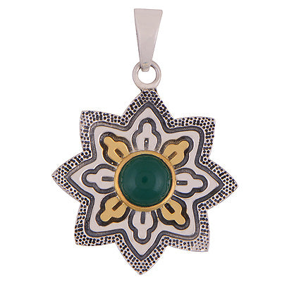Gorgeous Handcrafted Work Around Green Onyx Round Shape Gold Plated 925 Sterling Solid Silver Pendant - R1106-12