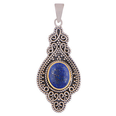 Stunning Handcrafted Rawa Work Around Lapis Oval Shape Gold Plated 925 Sterling Solid Silver Pendant - R1106-14