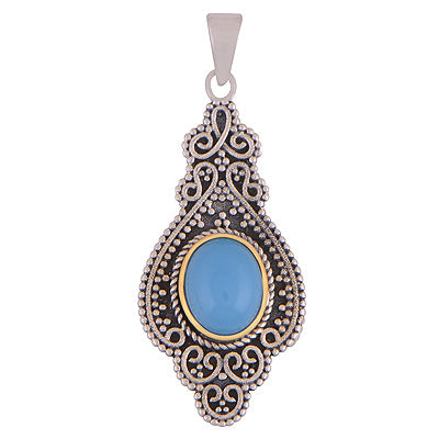 Stunning Handcrafted Rawa Work Around Blue Chalcedony Oval Shape Gold Plated 925 Sterling Solid Silver Pendant - R1106-15