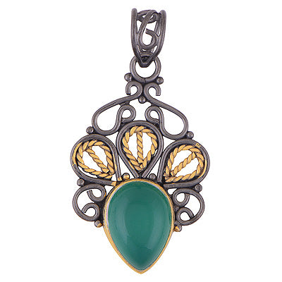 Beautifully Handcrafted Work Green Onyx Pear Shape Multicoloured Plated 925 Sterling Solid Silver Pendant - R1106-3