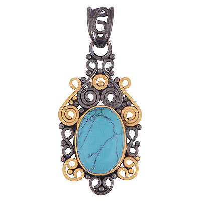 Beautiful Multicoloured Plated Work Around Turquoise Oval Shape 925 Sterling Solid Silver Pendant - R1106-4