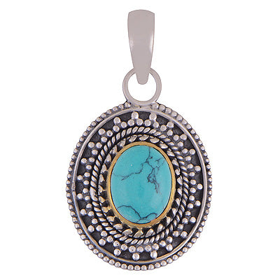 Stunning Gold Plated Collet Around Turquoise Oval Shape 925 Sterling Solid Silver Pendant - R1106-5