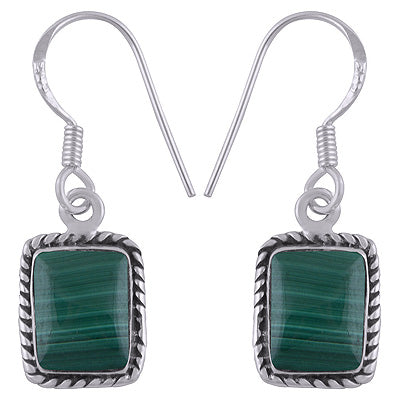 Alluring Twisted Wire Work Around Malachite Rectangle Shape 925 Sterling Solid Silver Earrings - R1500072-12