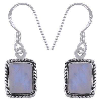 Alluring Twisted Wire Work Around Rainbow Moonstone Rectangle Shape 925 Sterling Solid Silver Earrings - R1500072-4