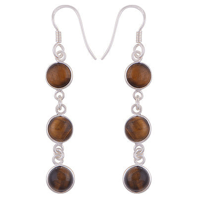 Beautifully Handcrafted Bezel With Gemstones Tiger's Eye Round Shape 925 Sterling Solid Silver Dangle Earrings - R1500351-8