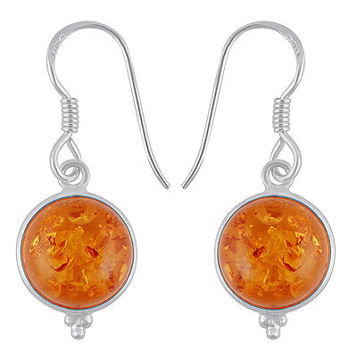 Gorgeous Rawa Work at Bottom Bezel Amber Round Shape 925 Sterling Solid Silver Dangle Earrings - R1500383-17
