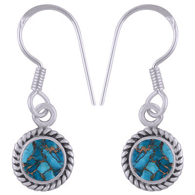 Authentic Wire Work Around Blue Copper Turquoise Round Shape 925 Sterling Solid Silver Dangle Earrings - R1500402-3