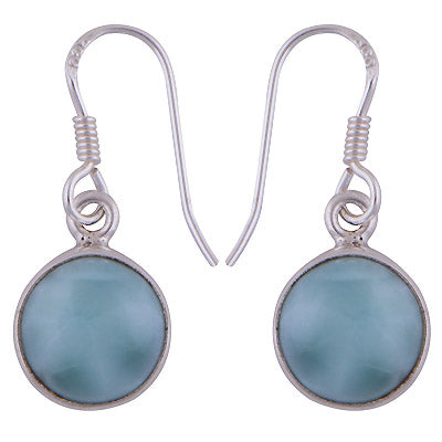 Plain Collet Natural Larimar Round Shape 925 Sterling Solid Silver Dangle Earrings - R1500431-1