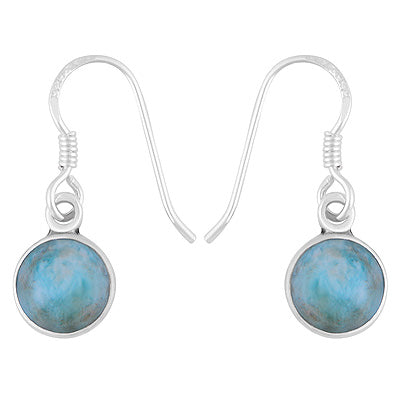 Plain Collet Natural Larimar Round Shape 925 Sterling Solid Silver Dangle Earrings - R1500431-2
