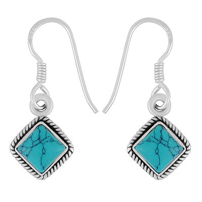 Alluring Twisted Wire Work Around Turquoise Rhombus Shape 925 Sterling Solid Silver Dangle Earrings - R1500456-23