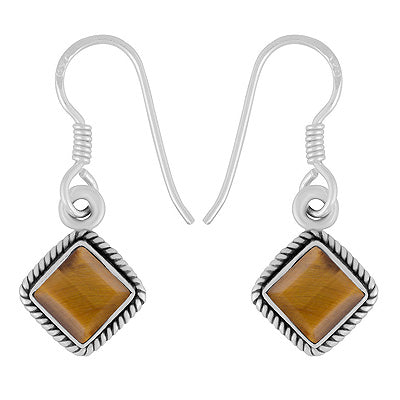 Alluring Twisted Wire Work Around Tiger's Eye Rhombus Shape 925 Sterling Solid Silver Dangle Earrings - R1500456-31
