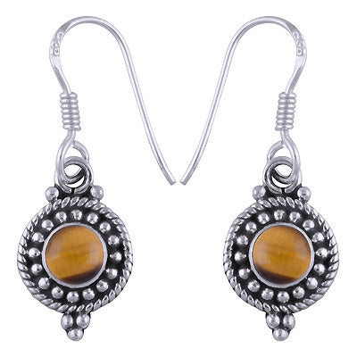 Stunning Rawa & Twisted Wire Work Around Tiger's Eye Round Shape 925 Sterling Solid Silver Dangle Earrings - R1500461-119