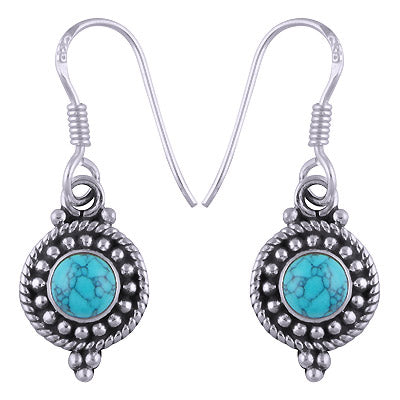 Stunning Rawa & Twisted Wire Work Around Turquoise Round Shape 925 Sterling Solid Silver Dangle Earrings - R1500461-57