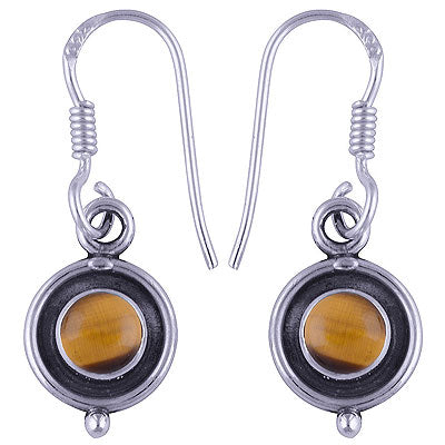 Alluring Oxidised Rawa Work Around Tiger's Eye Round Shape 925 Sterling Solid Silver Dangle Earrings - R1500462-105