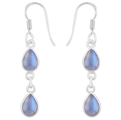 Beautiful Two Stone Bezel Rainbow Moonstone Pear Shape 925 Sterling Solid Silver Dangle Earrings - R1500545-11