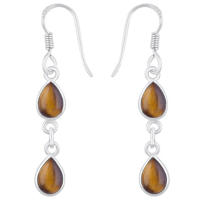 Beautiful Two Stone Bezel Tiger's Eye Pear Shape 925 Sterling Solid Silver Dangle Earrings - R1500545-23