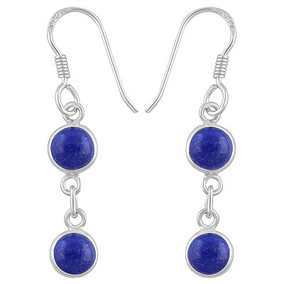 Gorgeous Two Stone Bezel Lapis Round Shape 925 Sterling Solid Silver Dangle Earrings - R1500552-104