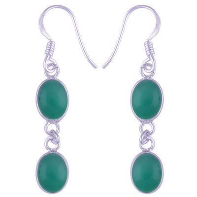 Stunning Two Stone Bezel Green Onyx Oval Shape 925 Sterling Solid Silver Dangle Earrings - R1500562-130