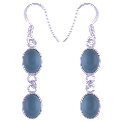 Stunning Two Stone Bezel Blue Chalcedony Oval Shape 925 Sterling Solid Silver Dangle Earrings - R1500562-132