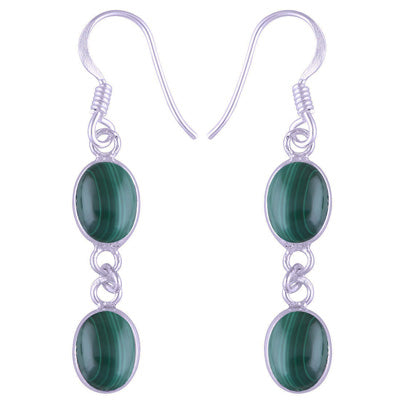 Stunning Two Stone Bezel Malachite Oval Shape 925 Sterling Solid Silver Dangle Earrings - R1500562-134