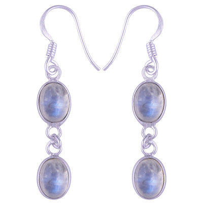 Stunning Two Stone Bezel Rainbow Moonstone Oval Shape 925 Sterling Solid Silver Dangle Earrings - R1500562-15