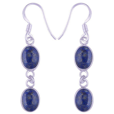 Stunning Two Stone Bezel Lapis Oval Shape 925 Sterling Solid Silver Dangle Earrings - R1500562-23