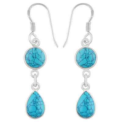 Alluring Two Stone Turquoise Round/Pear Shape 925 Sterling Solid Silver Dangle Earrings - R1500587-132