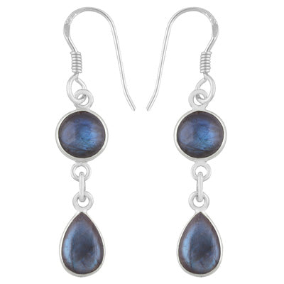 Alluring Two Stone Labradorite Round/Pear Shape 925 Sterling Solid Silver Dangle Earrings - R1500587-140