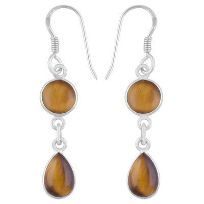 Alluring Two Stone Tiger's Eye Round/Pear Shape 925 Sterling Solid Silver Dangle Earrings - R1500587-208