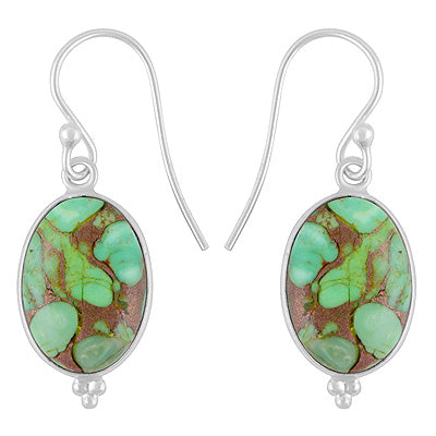 Gorgeous Rawa Work at Bottom Bezel Green Copper Turquoise Oval Shape 925 Sterling Solid Silver Dangle Earrings - R1500592-1