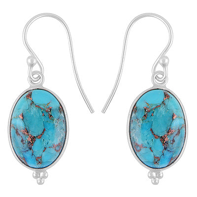 Gorgeous Rawa Work at Bottom Bezel Blue Copper Turquoise Oval Shape 925 Sterling Solid Silver Dangle Earrings - R1500592-2