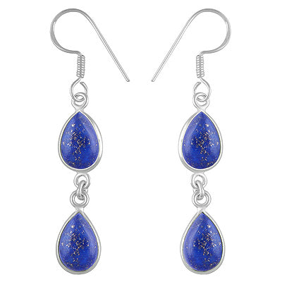 Beautiful Two Stone Bezel Lapis Pear Shape 925 Sterling Solid Silver Dangle Earrings - R1500726-287