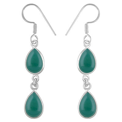 Beautiful Two Stone Bezel Green Onyx Pear Shape 925 Sterling Solid Silver Dangle Earrings - R1500726-370