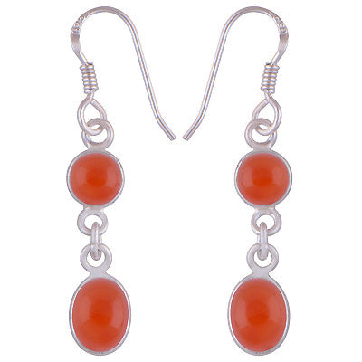 Dangling Bezel Carnelian Round/Oval 925 Sterling Solid Silver Two Stone Earrings - R1500727-413