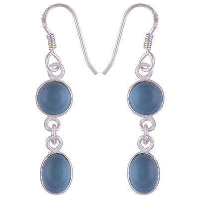 Dangling Bezel Blue Chalcedony Round/Oval 925 Sterling Solid Silver Two Stone Earrings - R1500727-419