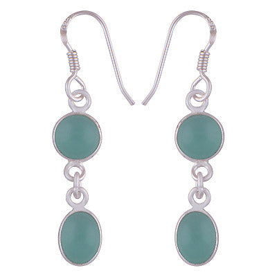 Dangling Bezel Aqua Chalcedony Round/Oval 925 Sterling Solid Silver Two Stone Earrings - R1500727-420