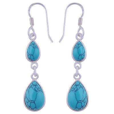 Alluring Two Stone Gemstone Turquoise Pear Shape 925 Sterling Solid Silver Dangle Earrings - R1500729-182