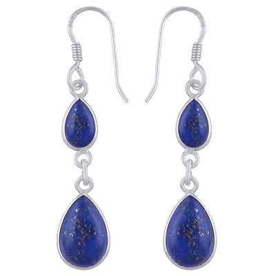 Alluring Two Stone Gemstone Lapis Pear Shape 925 Sterling Solid Silver Dangle Earrings - R1500729-202